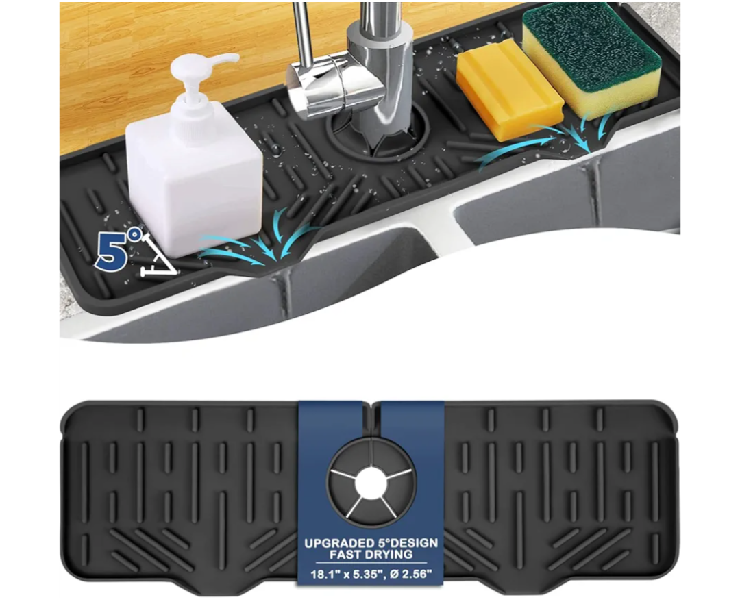 BFONS XL Silicone Faucet Handle Drip Catcher Tray, 18.1in x 5.7in x 0.79in, Black