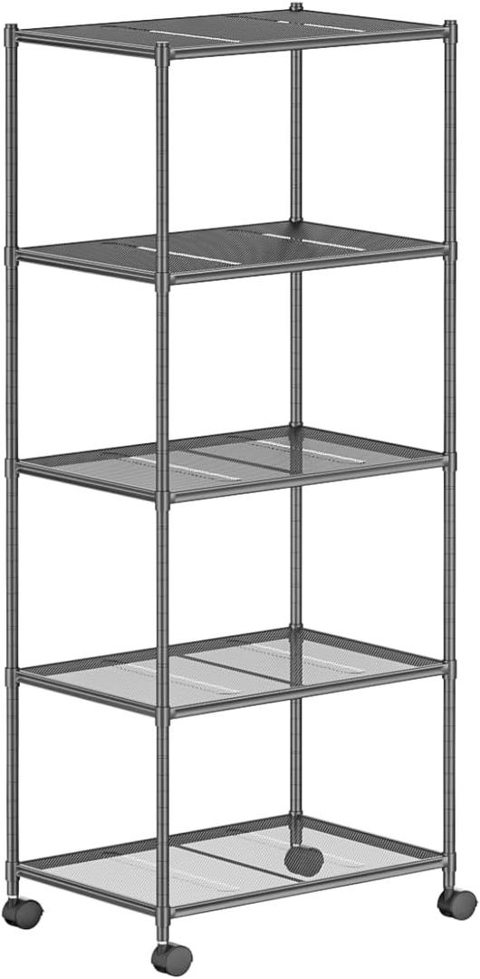 OVICAR Storage Shelf with Wheels - Adjustable 5 Tiers Mesh Wire Shelving Unit, Metal Standing Storage Rack for Kitchen Pantry Closet Bathroom Laundry Garage Tool Organizer Shelves (Grey)