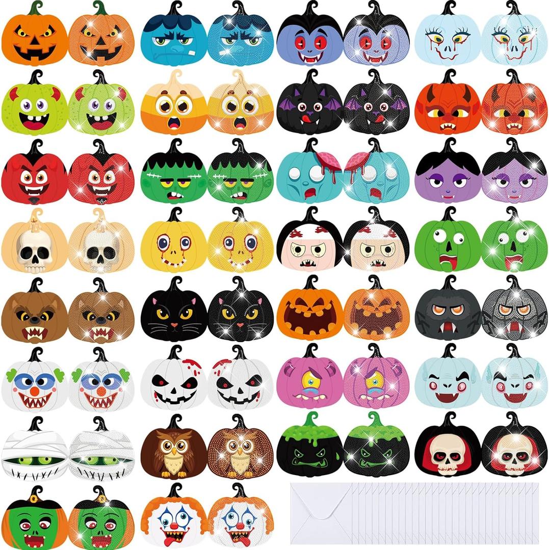30 Pack Halloween Pumpkin Diamond Painting Greeting Cards Kits with Envelope Horror Halloween Diamond Art Cards Bulk DIY Postcard 5d Round Drill Art Craft for Adults Beginner