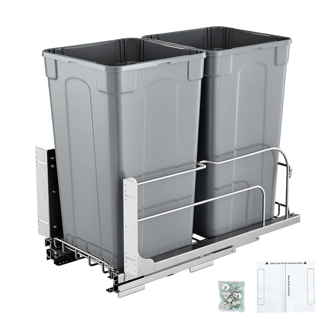 VEVOR Pull-Out Trash Can, 27 QT x2 Double Under Mount Kitchen Waste Container, Heavy Duty Garbage Recycling Bin with Door Kit and Soft Close Slide, for Kitchen Cabinet, Sink, Under Counter (Grey)