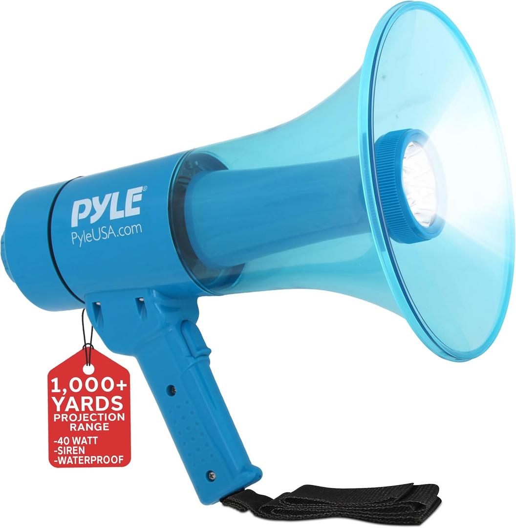 Pyle Portable PA Megaphone with Alarm Siren & Adjustable Volume - 40 Watt Handheld Lightweight Marine Grade Waterproof Bullhorn - AA Battery Powered For Indoor Outdoor Use