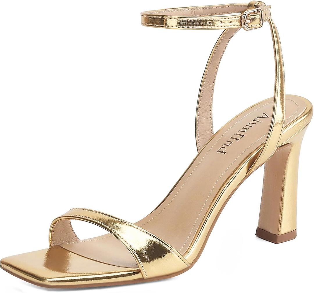 AIUNIIND High Heels for Women, Square Open Toe Heeled Sandals, Strappy Ankle Strap Shoes for Dress, Party, Prom, Chunky Block Heel 3.3 inch (Gold)