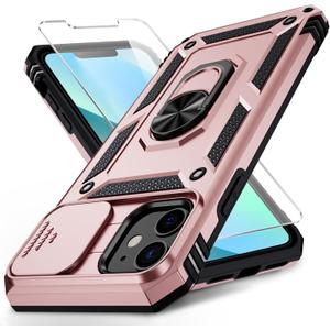 Vinve for iPhone 12 Mini Case with Slide Lens Cover, HD Screen Protector, Military Grade Drop Protection, Magnetic Rotated Ring Holder Kickstand Phone Case for iPhone 12 Mini,Rose Gold