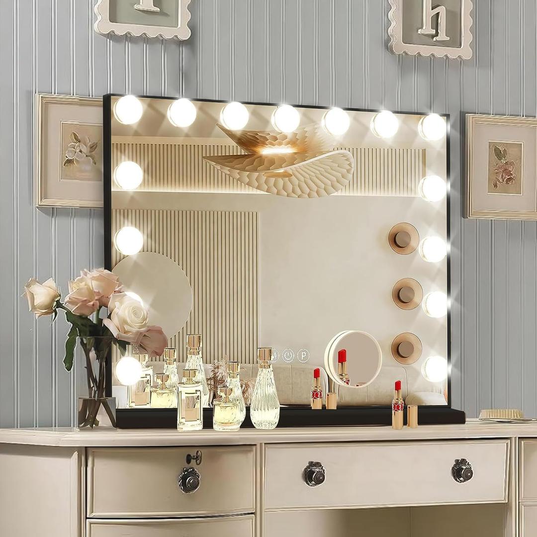 Ratsamee Black Hollywood Vanity Mirror with Lights, 15 Dimmable Bulbs, 3 Color Lights,Make Up Lighted Mirror, Aluminum Metal Frame, USB Charging Port23" x 18"