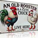 Funny Gifts for Women Chicken Lovers Farm Enthusiasts An Old Rooster And A Cute Chick Live Here Chicken Tin Sign for Chicken Coop Farm Kitchen Garden Yard Decor 8 X 12 Inch (3821) (Light Blue)