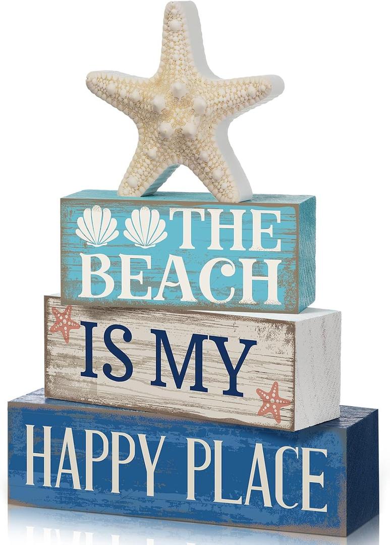 Moucuny 4 Pcs Summer Table Decoration Beach Tiered Tray Decor Starfish Coastal Rustic Wooden Block Sign Gifts Blue and White Ocean Centerpieces Farmhouse Beach Nautical Decor for Home Shelf Mantel