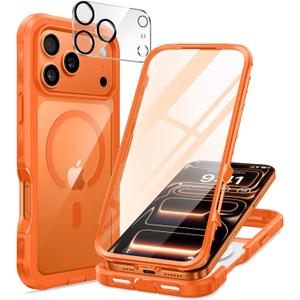 seacosmo for iPhone 17 Pro Case, Full Body Bumper with Built-in Tempered Glass Screen and Camera Lens Protector, Compatible with MagSafe, Shockproof 17 Pro Phone Case, 6.3", Orange