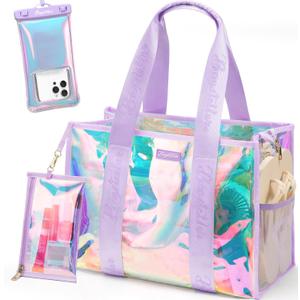 Beach Bag for Women Clear Iridescent Zipper Pool Swim Beach Tote Bag w/Makeup Bag & Waterproof Phone Pouch Summer Essentials (Lavender)