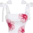 Milumia Women's Floral Bow Tie Shoulder Tank Top Sleeveless Square Neck Crop Tops, S