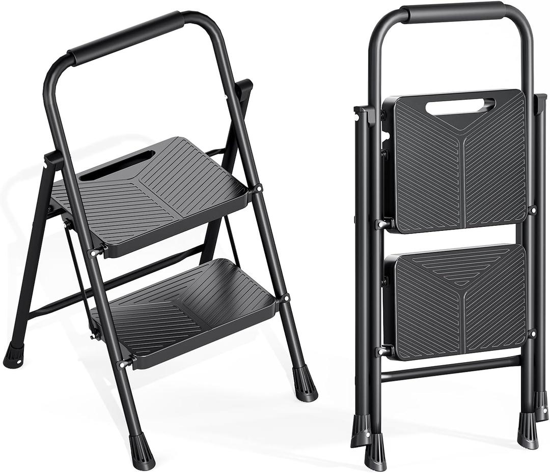 KINGRACK 2 Step Ladder, Folding Step Stool with Handrail, Safe-Lock Design and Wide Anti-Slip Pedals, 500 lbs Capacity Sturdy Steel Ladder for Home and Kitchen, Black