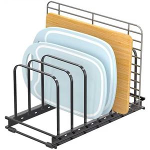 Cutting Board Organizer Rack, 1-Pack Adjustable Bakeware Organizer Holder for Cabinet Countertop, 7 Slots Metal Rack Cookie Baking Sheet, Pot Pan Lids Divider Kitchen Organization Storage, Black