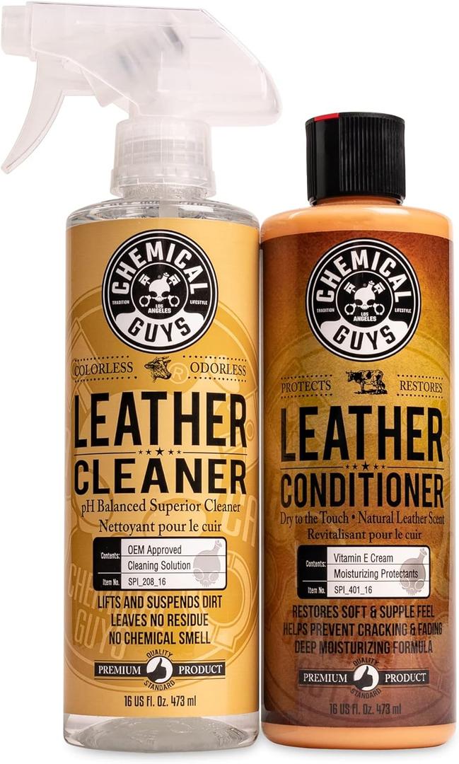 Chemical Guys Leather Cleaner and Conditioner Kit - Car Cleaner and Conditioner, Safely Cleans & Conditions Leather Car Interiors, Furniture, Shoes, Boots, Bags, Apparel & More, 2 Bottles (16 oz Each)