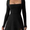QINSEN Woman's Solid Black Mini Dress Long Sleeve Square Neck Stretch Flare Dresses M