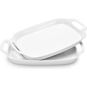 DOWAN Serving Tray with Handles, 15.4" Large Platters for Wedding Decor, Porcelain Serving Dish for Entertaining, White Plates for Salad Meat Fruit Dessert, Set of 2