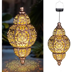 Hanging Solar Lanterns,Outdoor Garden Decor Solar Lantern Metal Moroccan Yard Art Gardening Decorative,Outside Hanging Lights Christmas Decorations for Gazebo Patio Chandelier Garden Gift (Gold)