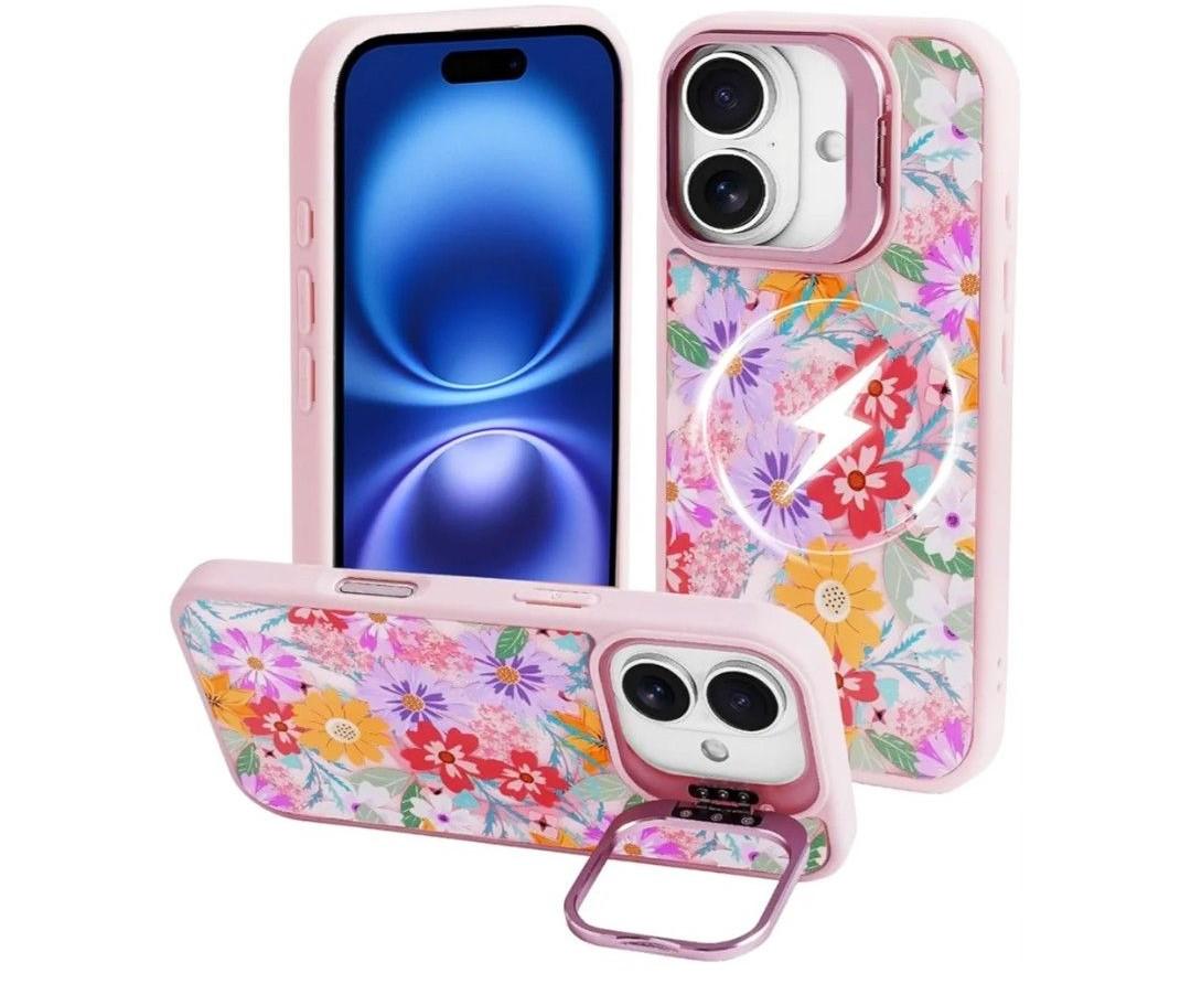 J.west Magnetic for iPhone 16 Case Compatible with Magsafe,Garden Floral Metal Kickstand Shockproof Silicone Bumper Cute Floral Flowers Phone Case Cover Pink 6.1 Pack of 2
