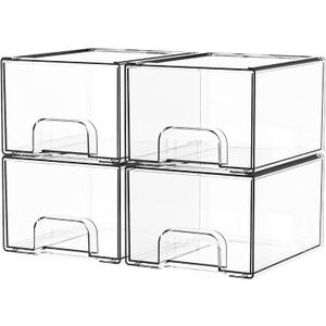 Yieach 4 Pack Clear Stackable Storage Drawers,4.4'' Tall Acrylic Drawer Containers for Organizing,Bathroom Organizers and Storage Bin Box,Plastic Makeup,Medicine Organizer Bins for Cabinet,Undersink