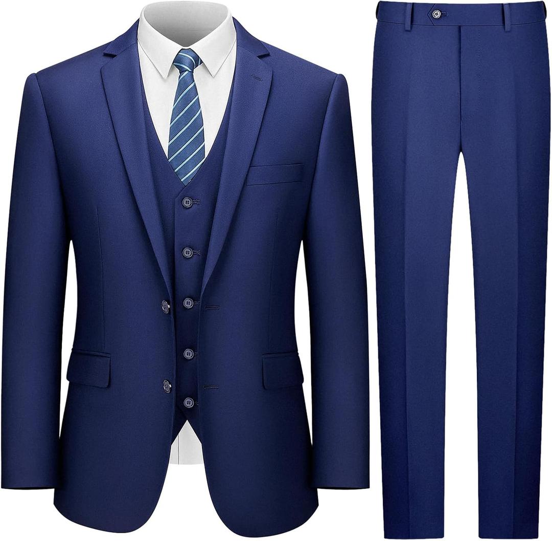LUPURTY Men's Suits Slim Fit, 3 Piece Suits for Men, 2 Buttons Solid Jacket Vest Pants, Tuxedo Set for Business, Wedding (Medium, Navy Blue)