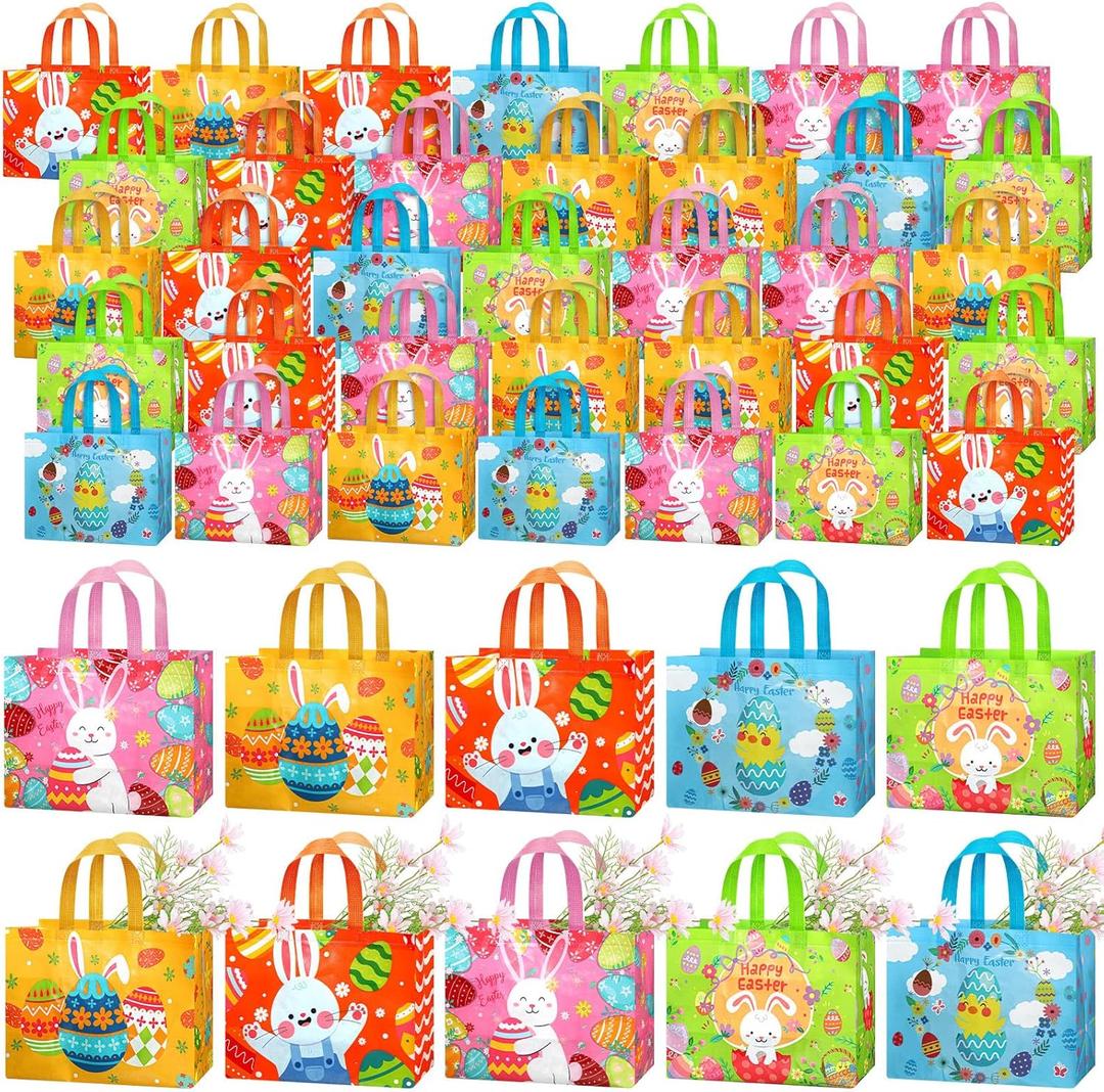 Abbylike 100 Pack Large Easter Gift Bags Bulk Reusable Easter Tote Bags with Handles Non Woven Treat Baskets for Egg Hunt Party Favors, 12.8 x 9.8 x 6.7 Inch
