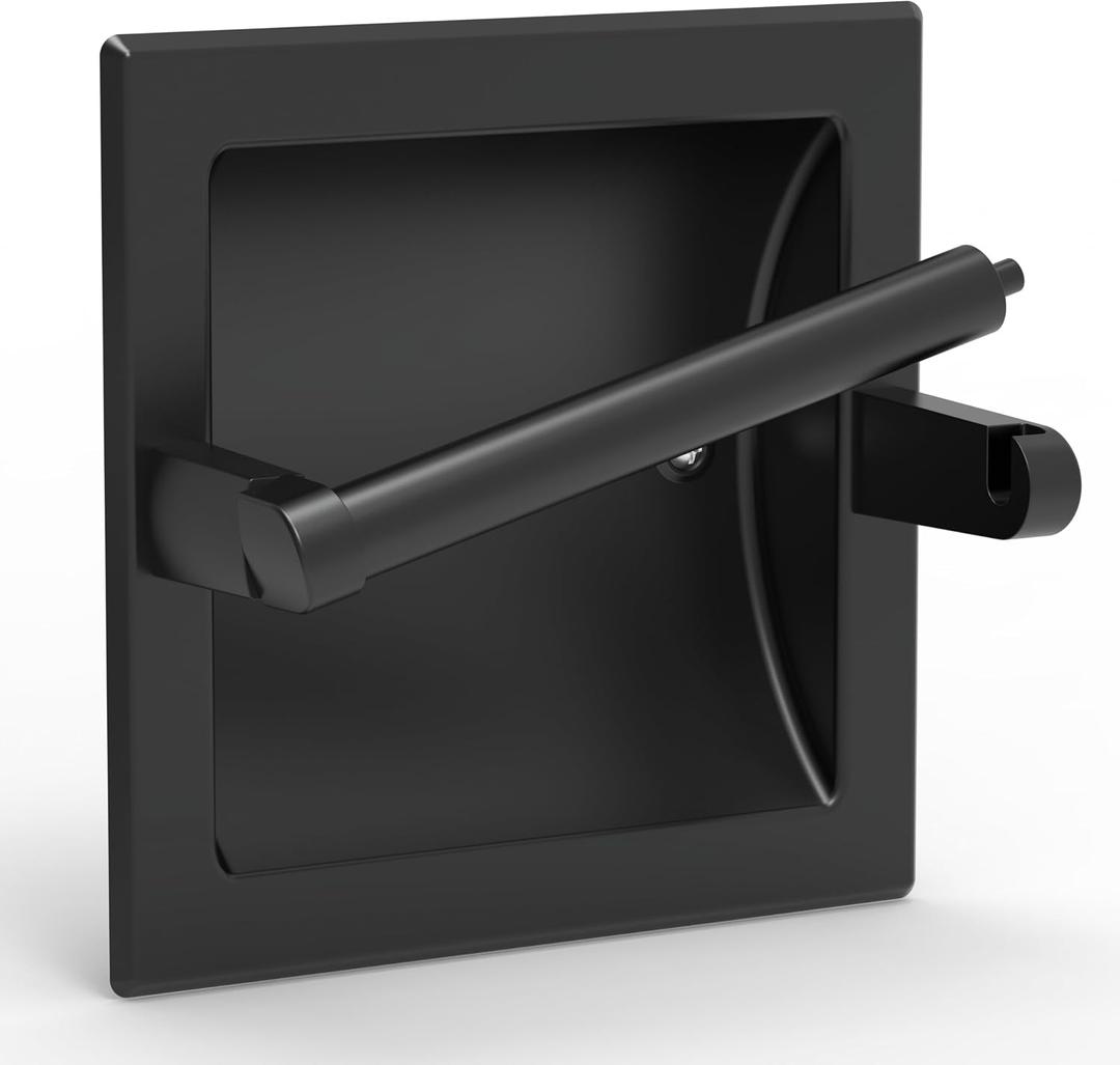 Matte Black Recessed Toilet Paper Holder for Regular Rolls,Contemporary Hotel Style Pivoting Toilet Tissue Holder Wall Mount Made of Metal, in Wall Toilet Paper Holder