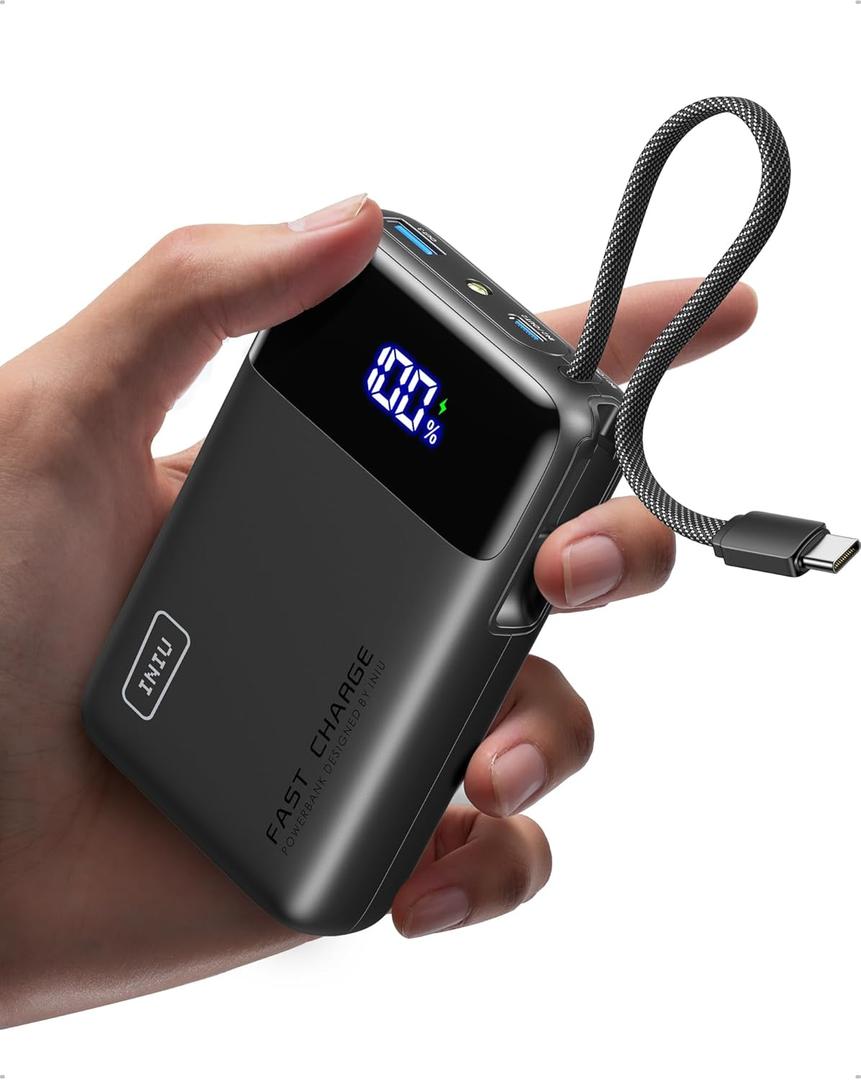 INIU 20000mAh Power Bank, Smaller 45W PD Fast Charging Portable Charger, Battery Pack with Build in USB C Cable, Travel Phone Flight-Safe Powerbank for iPhone 17 16 Samsung S26 Google iPad, Black