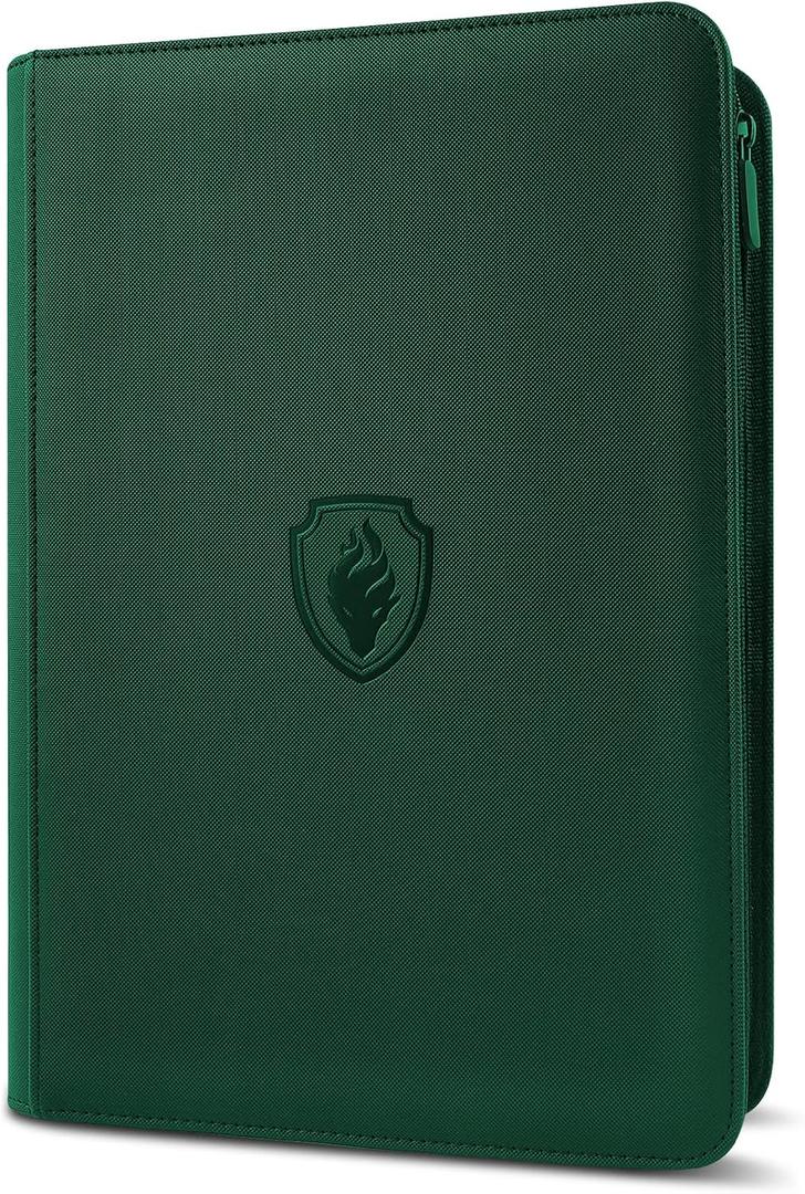 9 Pocket Zipper Card Binder, Fabmaker 360 Trading Card Holder Book, Premium PU Cover Zip Binder for Cards, Durable Side Loading Card Folders Album for MTG, TCG, Game Cards, Sports Cards, Dark Green (9 Pocket - 13.9" x 10.5")