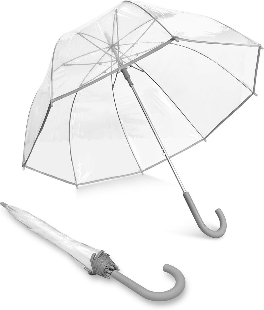 Weather Station Clear Dome Rain Umbrella, Automatic Open, Bubble, Windproof, Waterproof, Lightweight, Full 52 Inch Arc, Stick, Gray Trim