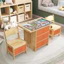 Pine Wood Kids Table and Chair Set 3 in 1 Wooden Toddler Table with Storage, Children's Drawing Reading Desk, with Drawers & Storage Baskets, Natural