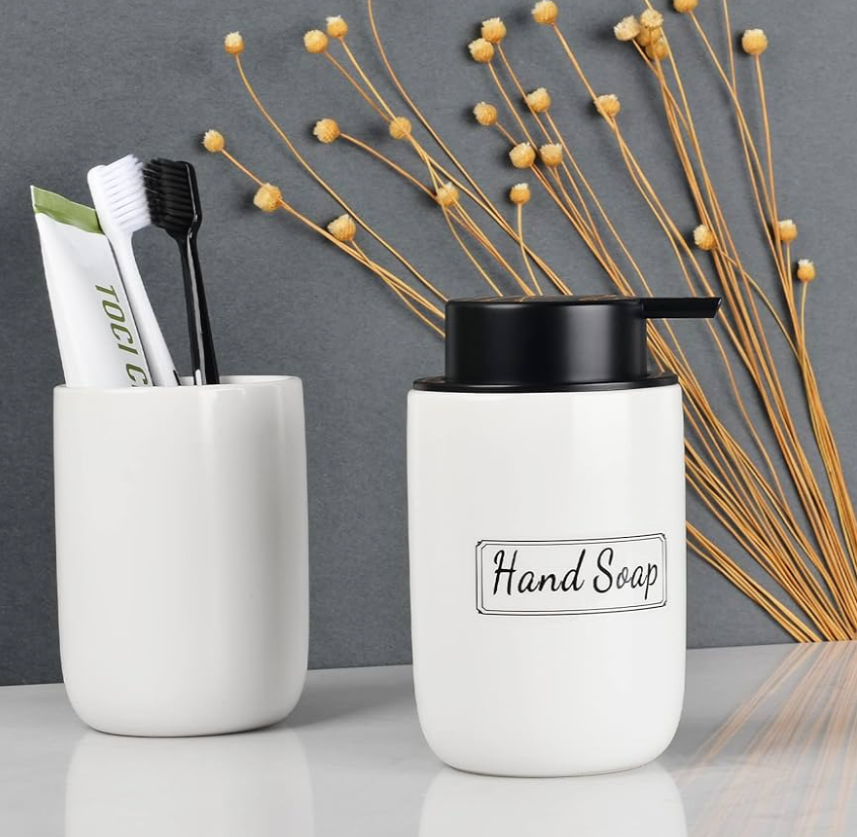 Bosilunlife Soap Dispenser and Toothbrush Holder Set - Dish Hand Soap Dispenser Bathroom Set Ceramic Bathroom Counter Soap Toothbrush Holder Set Black Bathroom Accessories Set