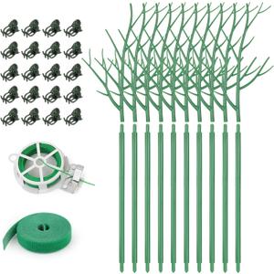 10 Pack Plant Support Stakes for Indoor Plants, 27.56 Inch Twig Plant Sticks with Orchid Clips Twist Ties and Plant Ties for House Potted Plants and Flower, Plastic Branches Support Structures, Green