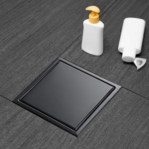 Square Shower Drain, Black Shower Drain 6 inch with Flange and 2 in 1 Tile-Insert Cover, AISI 304 Stainless Steel Matte Black Shower Floor Drain with Hair Catcher and Flange