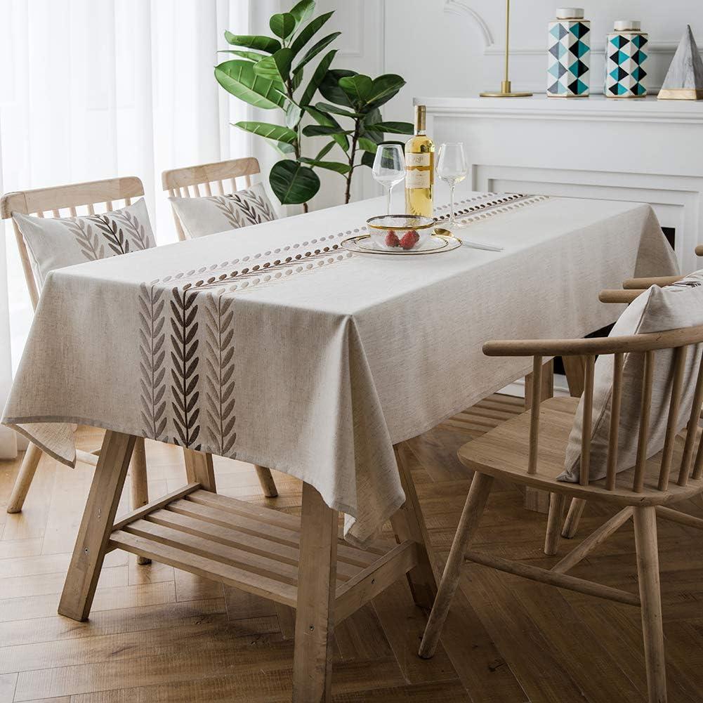 ColorBird Embroidery Leaf Tablecloth Heavy Weight Cotton Linen Fabric Dust-Proof Table Cover for Kitchen Dinning Tabletop Decoration (Rectangle/Oblong, 52 x 86 Inch, Linen)