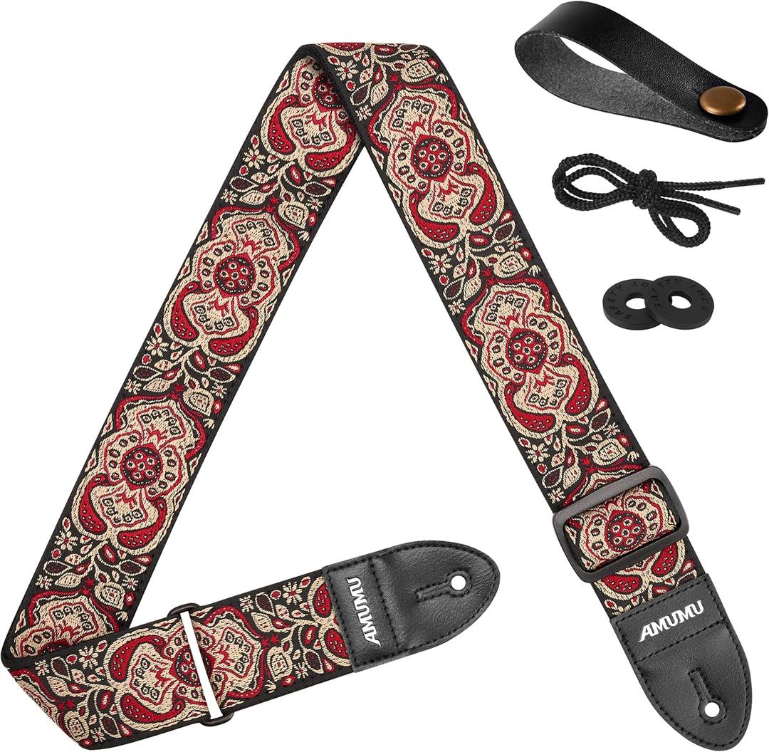 Amumu 2" Red Mandala Guitar Strap - Cotton Embroidered with Vegan Leather Ends - for Acoustic, Electric, Bass Guitars, Adjustable 37'' to 63"
