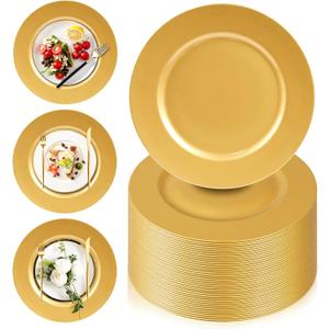 PROY 100 Pcs Charger Plates Bulk, 13" Gold Plate Charger for Dinner Plates, Round Wedding Chargers Plastic Dinner Plates for Table Setting Wedding Party Decoration, Smooth
