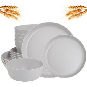 EI 12 Pcs Wheat Straw Dinnerware Set of 4, Plastic Plates Reusable Unbreakable, Plastic Plates and Bowls Sets for Camping, Picnic, Family Dinner, Grey Wheat Straw Plates and Bowls