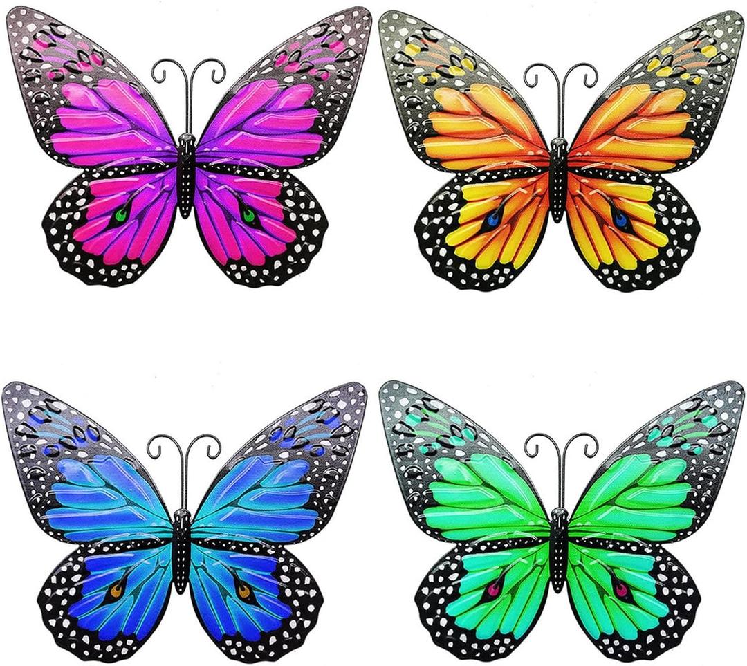 Metal Butterfly Wall Decor, Outdoor Wall Art Decor 3D Butterfly Wall Hanging Decor Sculpture Statue Fence Balcony Patio Living Room Garden Outdoor(4 Pack)