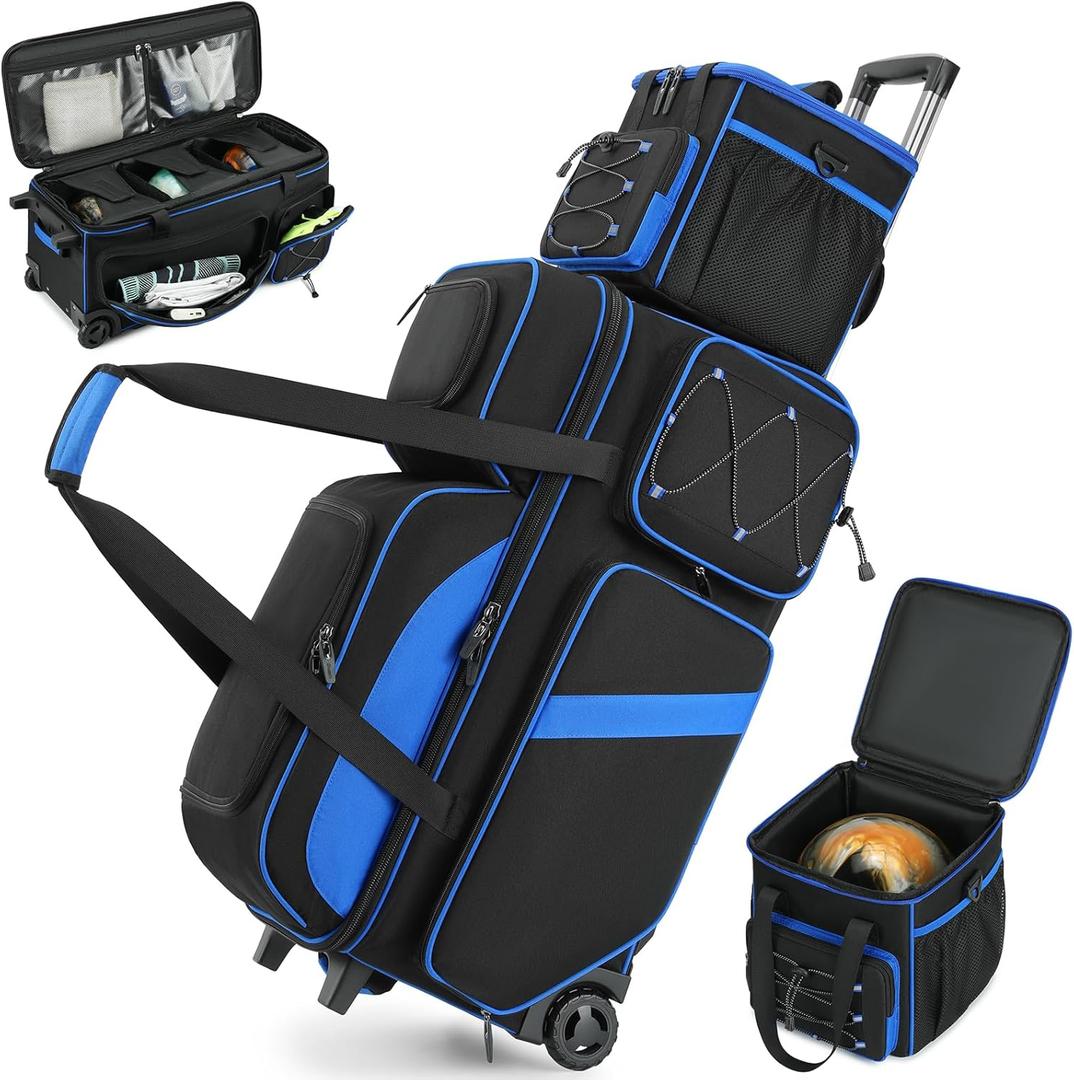 4 Ball Bowling Bag with Wheels, 3 Ball Bowling Bags Roller with 1 Ball Add On Bag, Multi-Pockets & Shoe Compartment (Fits Up to Size 16) (Blue)