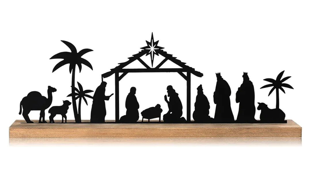Pinkunn Metal Nativity Sets for Christmas Decorations Black Metal Nativity Scene with Wooden Base for Christmas Xmas Home Indoor Office Kitchen Table Shelf Mantel Tabletop Decor(Classic)