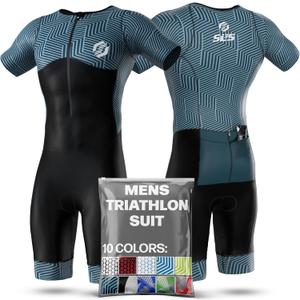 SLS3 Triathlon Suits Mens - Aerodynamic Sleeved Tri Suit Men  Lightweight Trisuit with Premium FX Fabrics - 2 Pockets (Sky Hex, Medium)