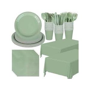177 PCS Sage Green Party Supplies Sage Green Tableware Set Paper Plates Napkins Cups and Disposable Tablecloths for Wedding Bridal Shower Birthday Baby Shower Party Decorations, Serves 25