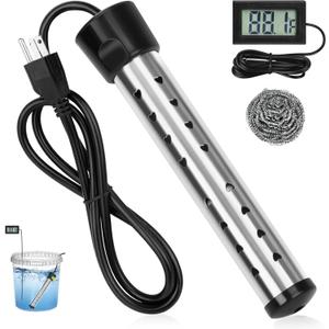 Immersion Water Heater, 2000W Portable Bucket Heater with 304 Stainless Steel Guard, Fast Heats Electric Water Heater with LCD Thermometer, Submersible Water Heater for Bathtub Pool (Black)