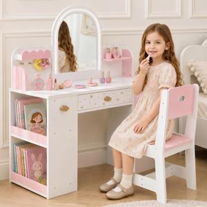 Leeshyah Kids Vanity with Lights and Chair, 3-Color Lighted Mirror Kids Vanity Table and Chair Set, Toddler Vanity Desk with Drawer, Storage Cabinet and Bin, Pretend Play Vanity for Ages 3+, 33.8 x 14.1 x38.2 inch