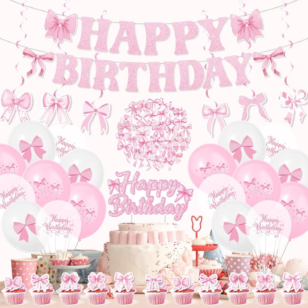 106 Pcs Pink Bow Party Decorations Cute Bow Coquette Supplies for Princess, Bridal Party with Pink Banner, Hanging Swirls, Cake and Cupcake Toppers, Balloons and Stickers(Birthday)