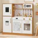 Wooden Play Kitchen Toy Set with Light, Kids Children Pretend Toy Kitchen Playset, Sink Play Toy Oven with Microwave,Toddler Cooking Set Toy for Ages 3+