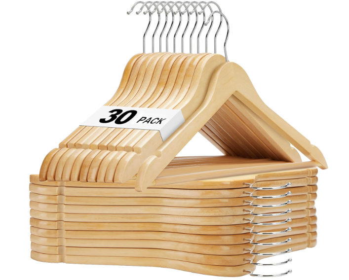HOUSE DAY Wooden Hangers 30 Pack, Solid Wood Clothes Hangers with Non Slip Pant Bar, Heavy Duty Wooden Coat Hanger for Closet, Smooth Finish Wood Hangers for Shirts, Suits Jackets, Dress, Natural