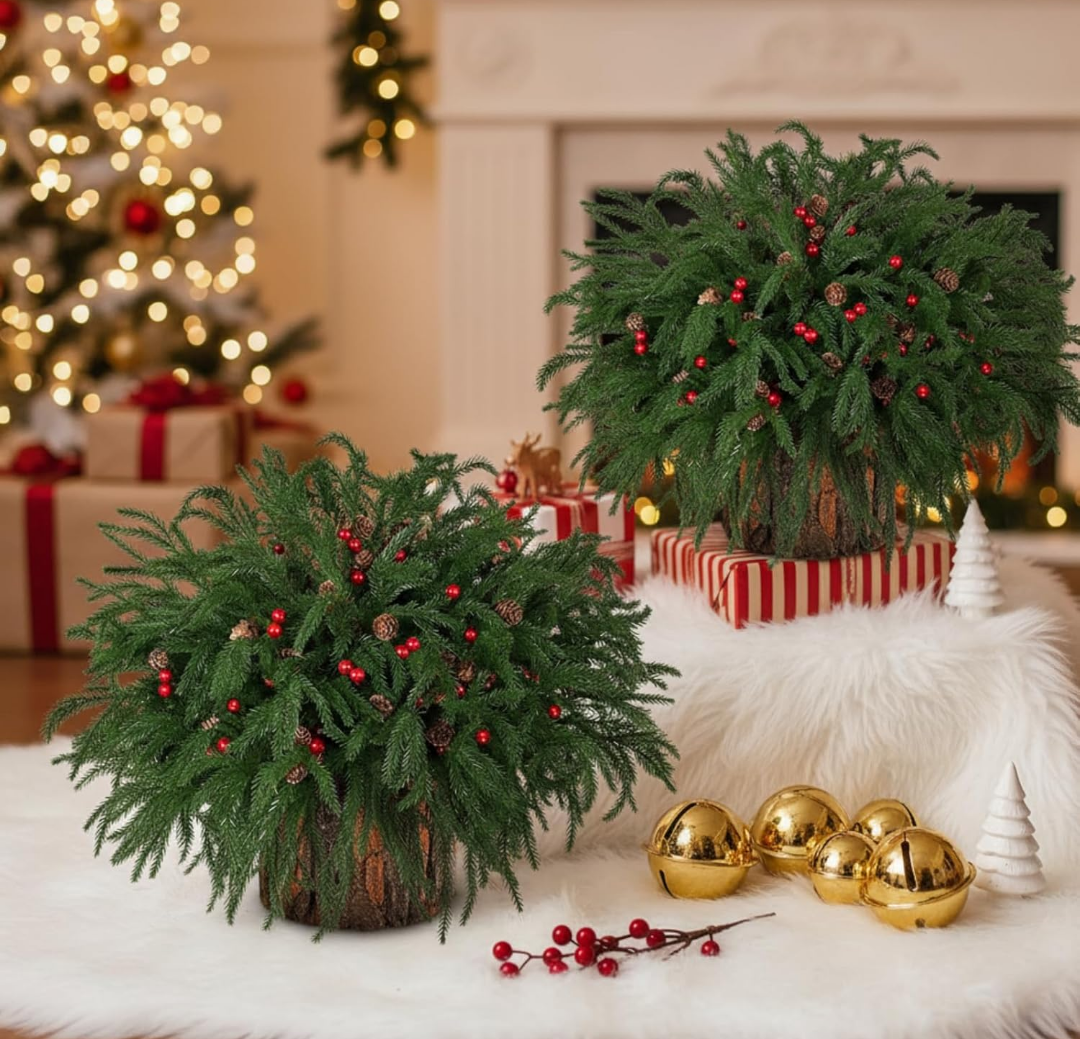 Suncalla 48 Pcs Christmas Artificial Norfolk Pine Stems Branches Christmas Norfolk Pine Branches Red Berries Stems Pinecones Greenery Foliage Picks 2 Bark Stumps for DIY Xmas Tree Table Decor