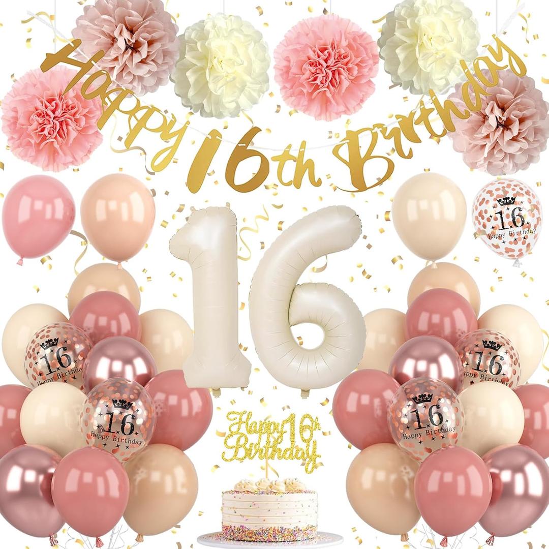 16th Birthday Decorations Retro Blush Pink Sweet 16 Girls Birthday Balloons Happy 16th Banner Cake Toppers Rose Gold Number 1 6 Balloon Pom Poms for 16 Year Old Bday Party Decoration Supplies