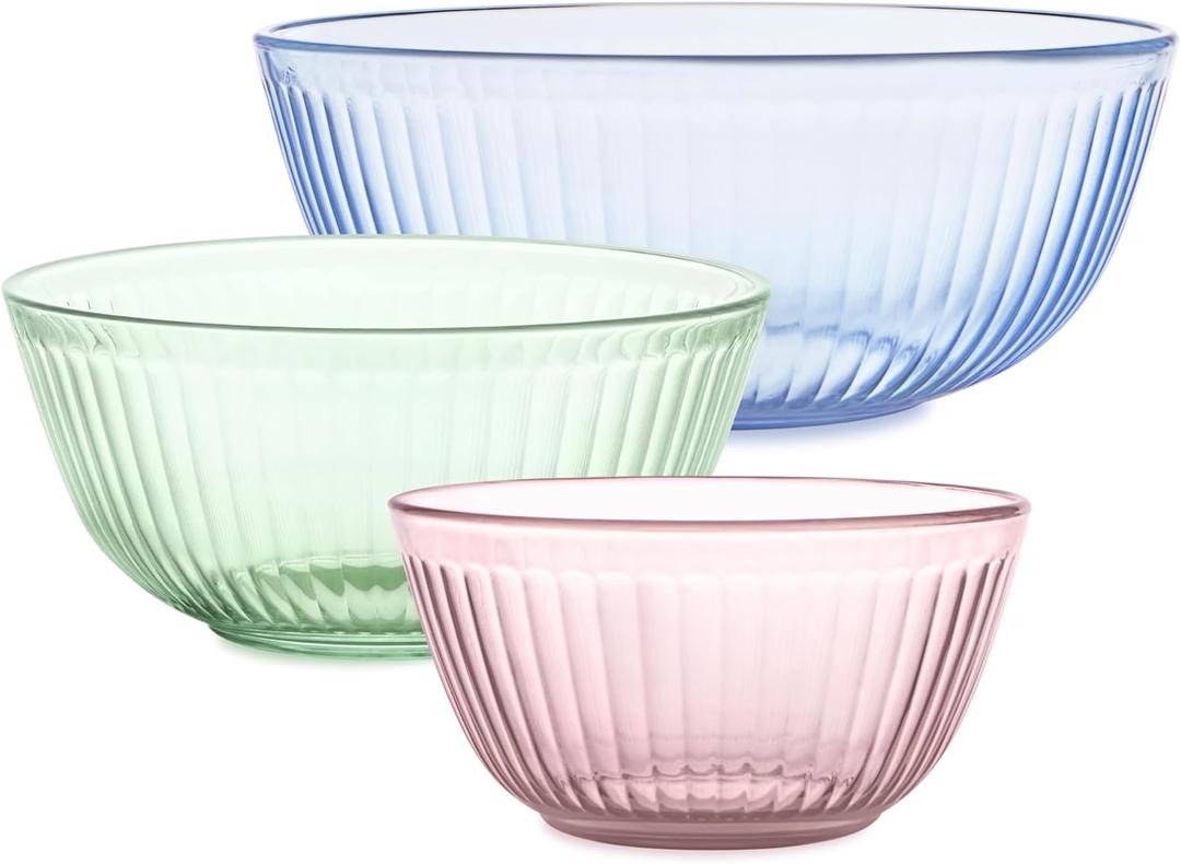 Pyrex Colors Tinted (3-Pack) Sculpted Tinted Unlidded Small/Medium/Large Glass Mixing Bowls, Nesting Space Saving Set of Bowls For Prepping and Baking, 1.3QT, 2.3QT & 4.5QT (Pink, Green, Blue)