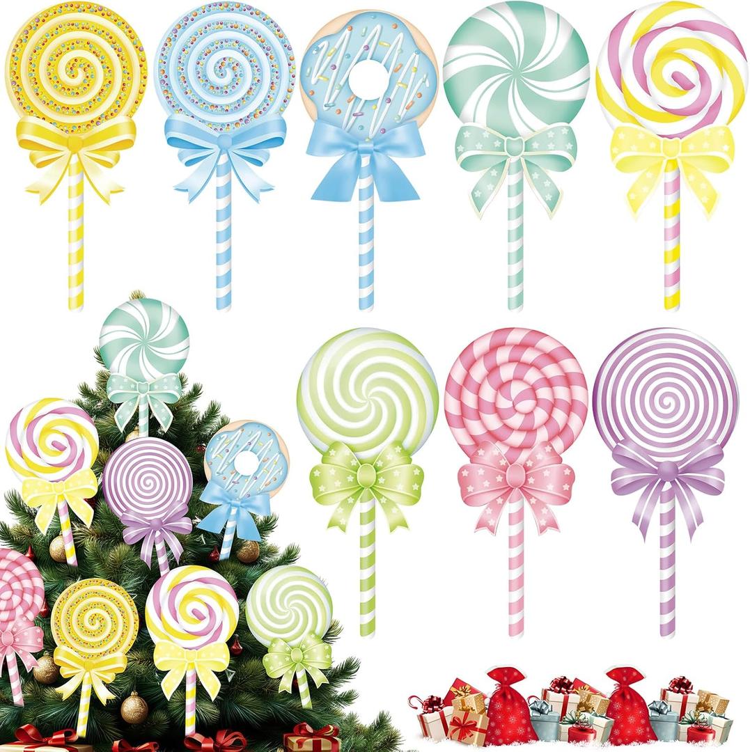 8Pcs Christmas Candyland Decorations 13 Inch Large Candy Cane Peppermint Lollipop Ornaments Xmas Tree Topper Cute Pink Blue Candy Picks Ornaments for Holiday Home Candyland Party Decor