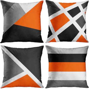 Emvency Set of 4 Throw Pillow Covers Modern Abstract Stripe Simple Geometric Acrylic Bold Decorative Pillow Cases Home Decor Square 16x16 Inches Pillowcases(Black Grey Orange) (16" x 16" (Pack of 4), Grey and Orange)